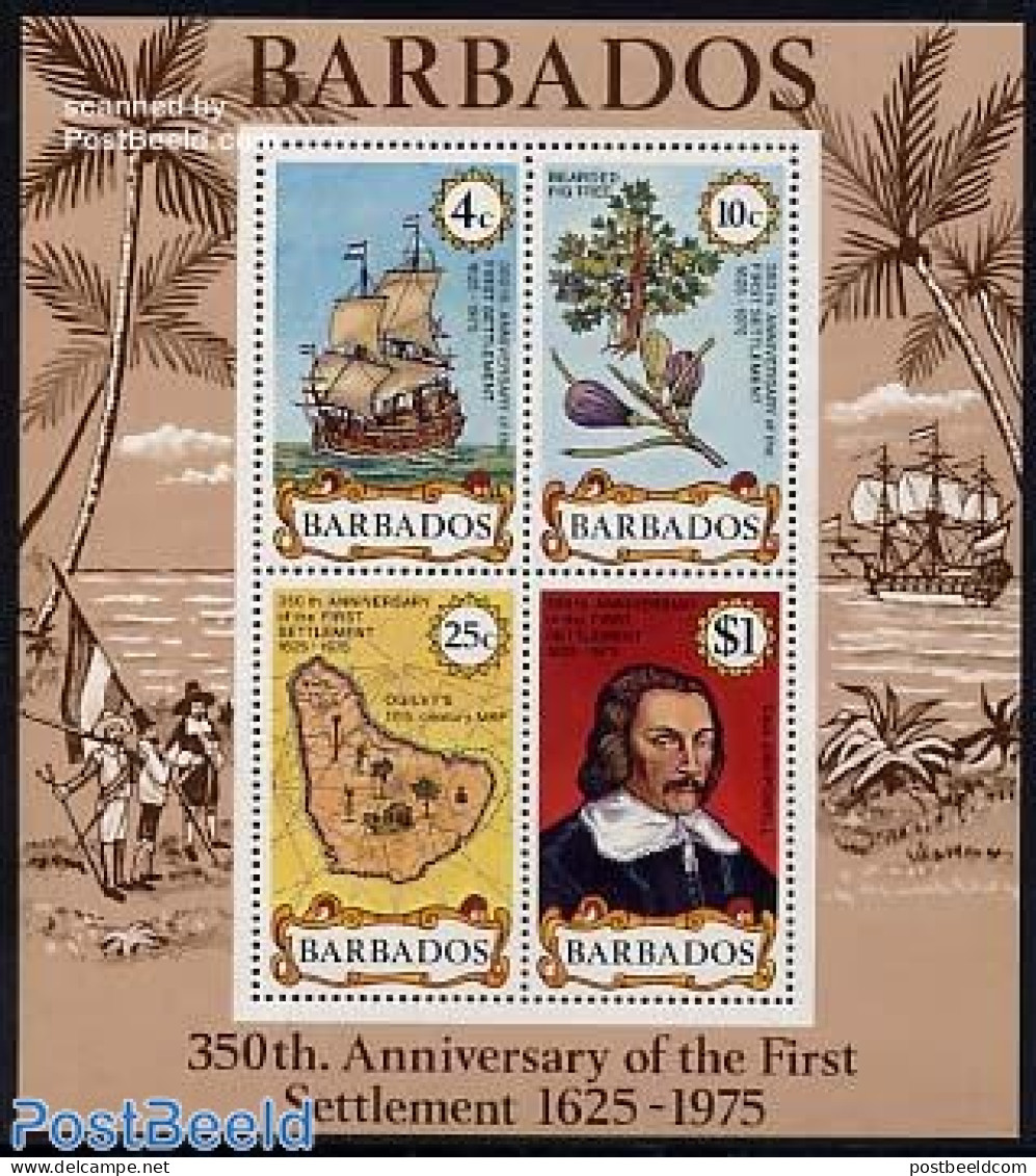 Barbados 1975 History S/s, Mint NH, Nature - Transport - Various - Trees & Forests - Ships And Boats - Maps - Rotary Club