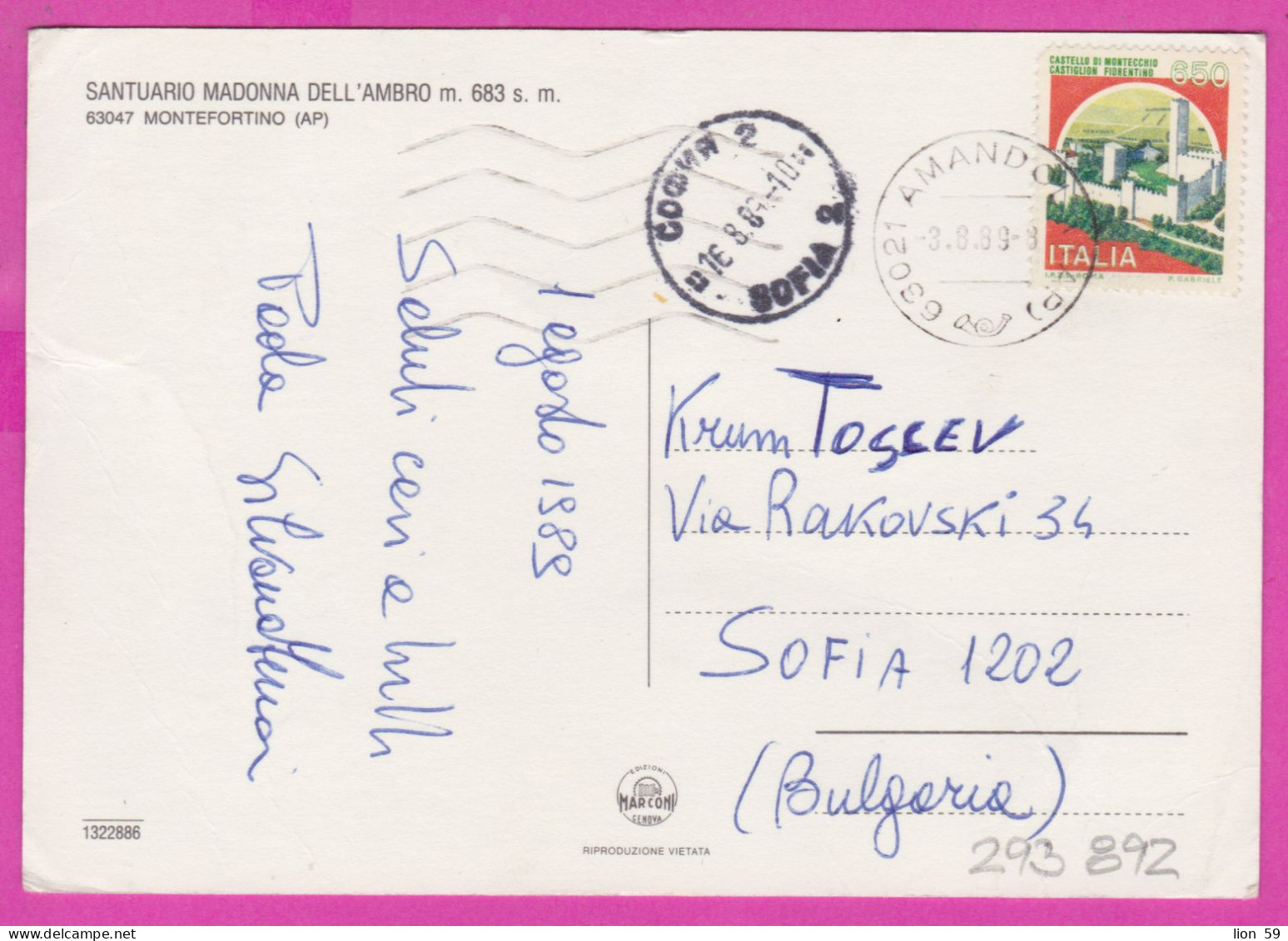 293892 / Italy - Sanatorio MADONNA DELL'AMBRO Montefortino PC 1989 Amandola USED 650 L Castello Di Montecchio - 1981-90: Poststempel