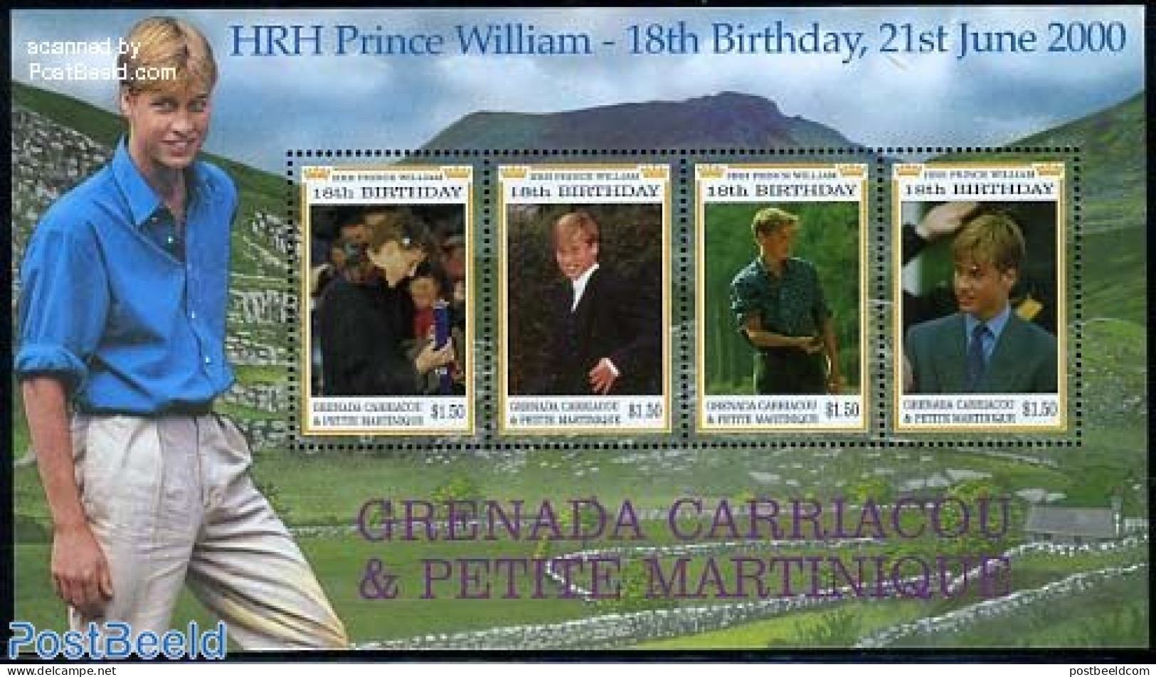 Grenada Grenadines 2000 Prince William 18th Birthday 4v M/s, Mint NH, History - Kings & Queens (Royalty) - Familias Reales