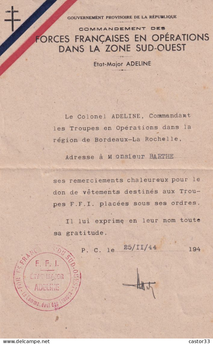Courrier Gouvernement Provisoire De La République, Etat-Major Adeline - Unclassified