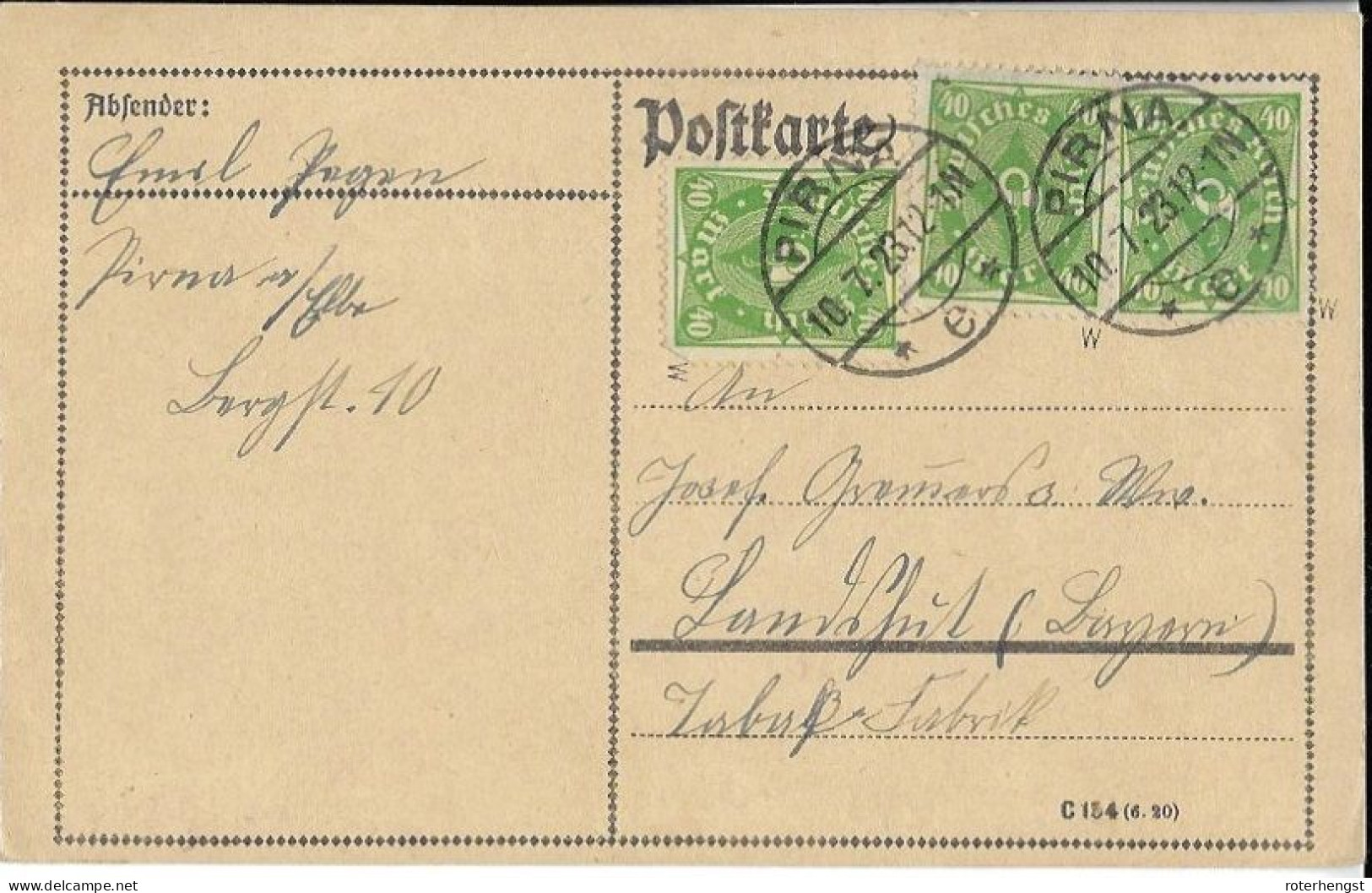 Germany Inflation Card Pirna 10.7.1923 120 Marks Tariff Better Walzendruck - Covers & Documents