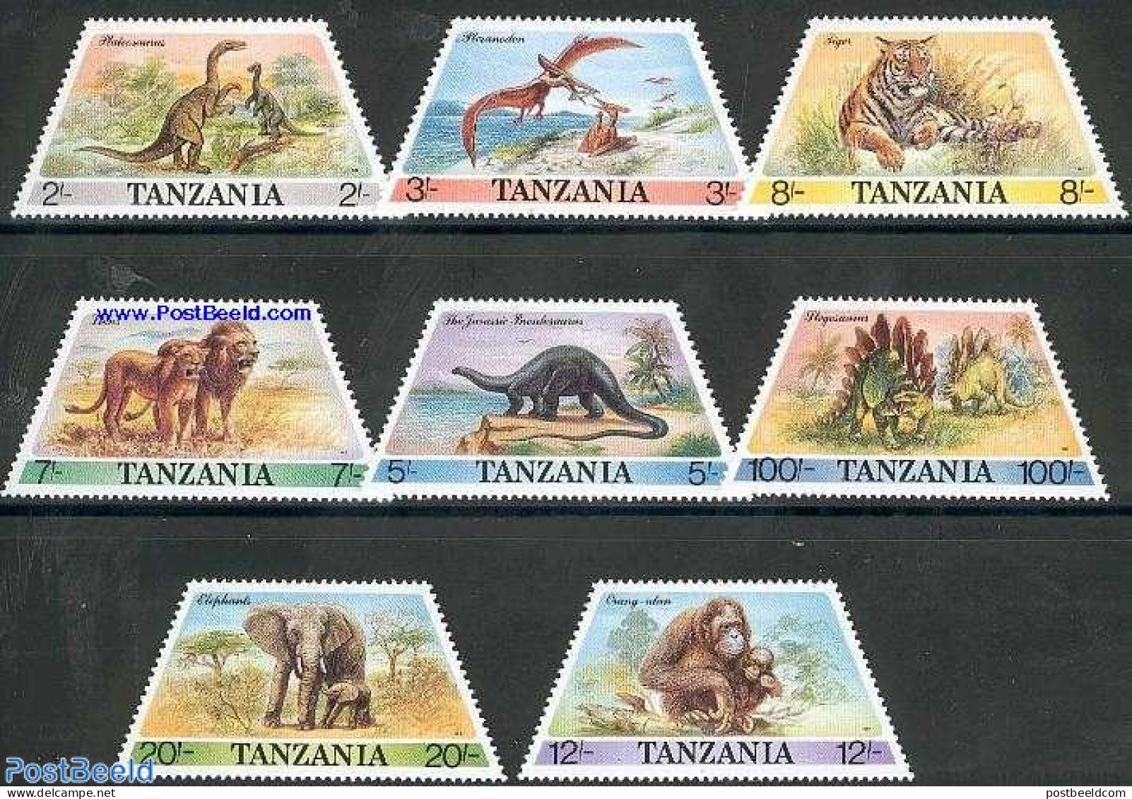Tanzania 1988 Animals & Pre-historic Animals 8v, Mint NH, Nature - Animals (others & Mixed) - Cat Family - Elephants -.. - Prehistorics