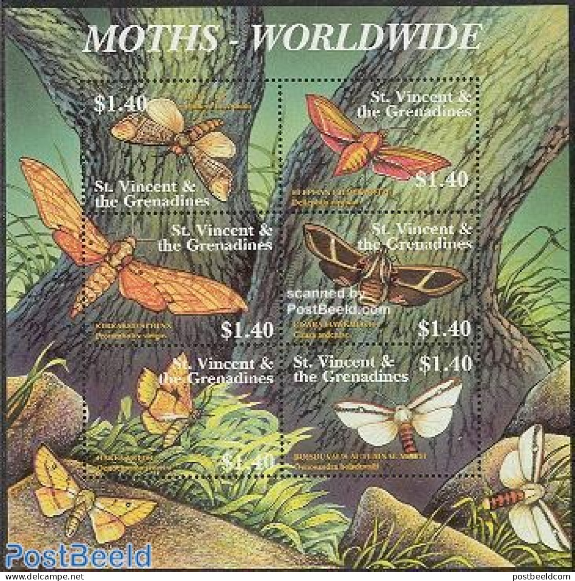 Saint Vincent 2001 Moth 6v M/s, Mint NH, Nature - Butterflies - St.Vincent (1979-...)