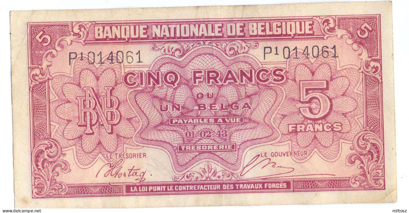 Belgium 5 Francs 1943 Kingdom In Exile WWII Issue - 5 Franchi-1 Belga