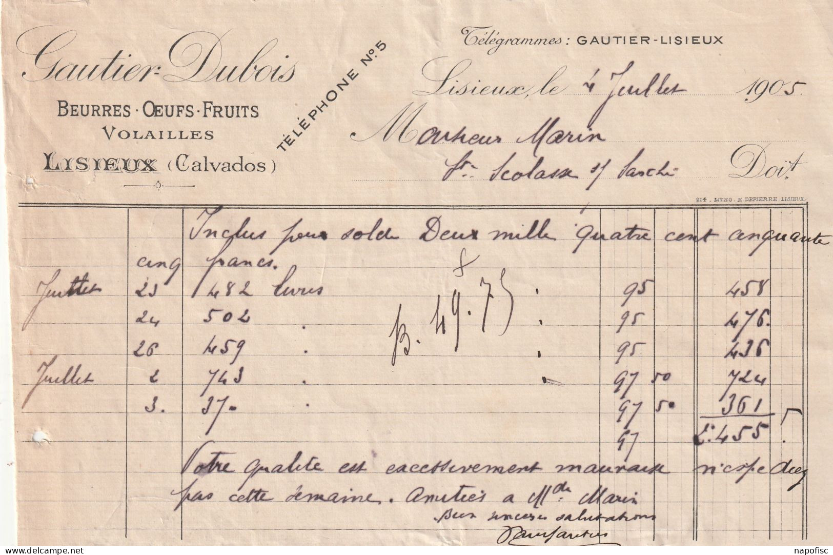 14-Gautier-Dubois. ..Beurres-Oeufs-Fruits-Volailles..Lisieux.(Calvados)....1905 - Alimentaire