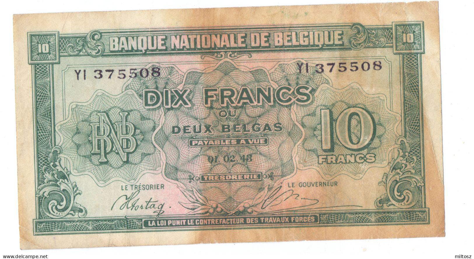 Belgium 10 Francs 1943 Kingdom In Exile WWII Issue - 5 Franchi-1 Belga