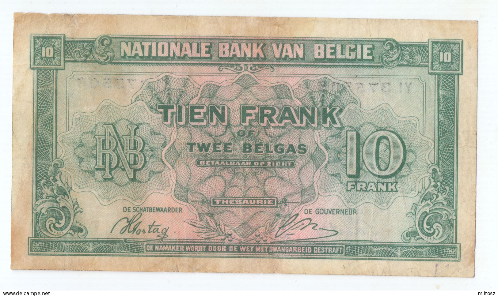 Belgium 10 Francs 1943 Kingdom In Exile WWII Issue - 5 Francs-1 Belga