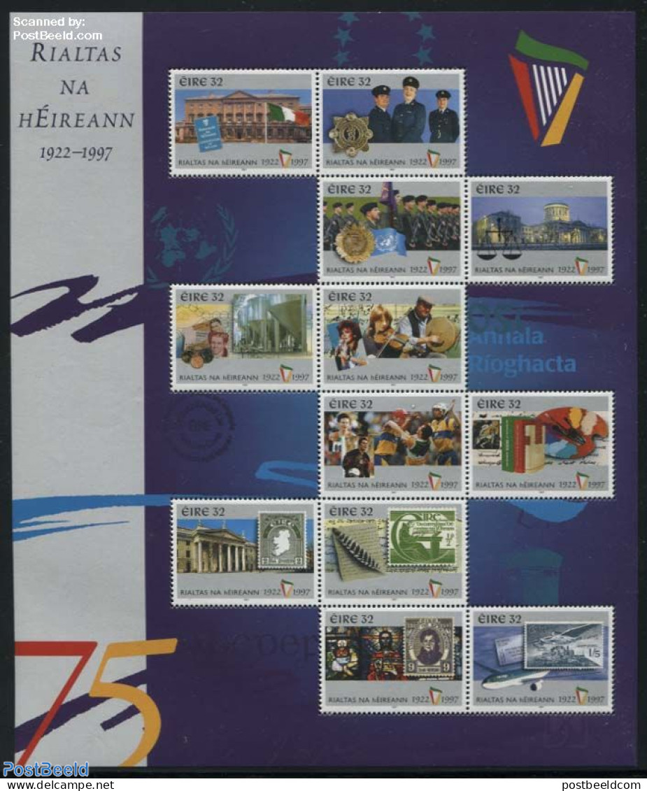 Ireland 1997 75 Years Republic 12v M/s, Mint NH, Performance Art - Sport - Transport - Various - Music - Sport (other .. - Unused Stamps