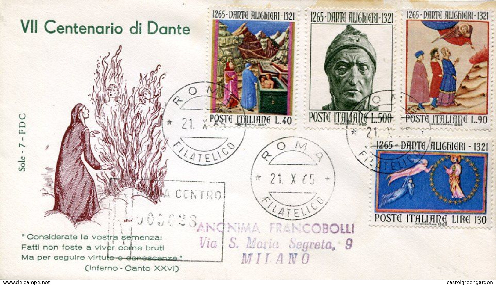 X0445 Italia, Fdc Circuled Registered 1965 The Writer And Poet Dante Alighieri - FDC