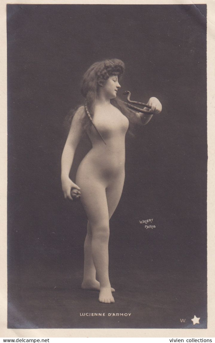 Thème fantaisie Spectacle Femme artiste cabaret 5 cartes Lucienne d'Armoy serpent, violon, photographe Walery Paris 1900