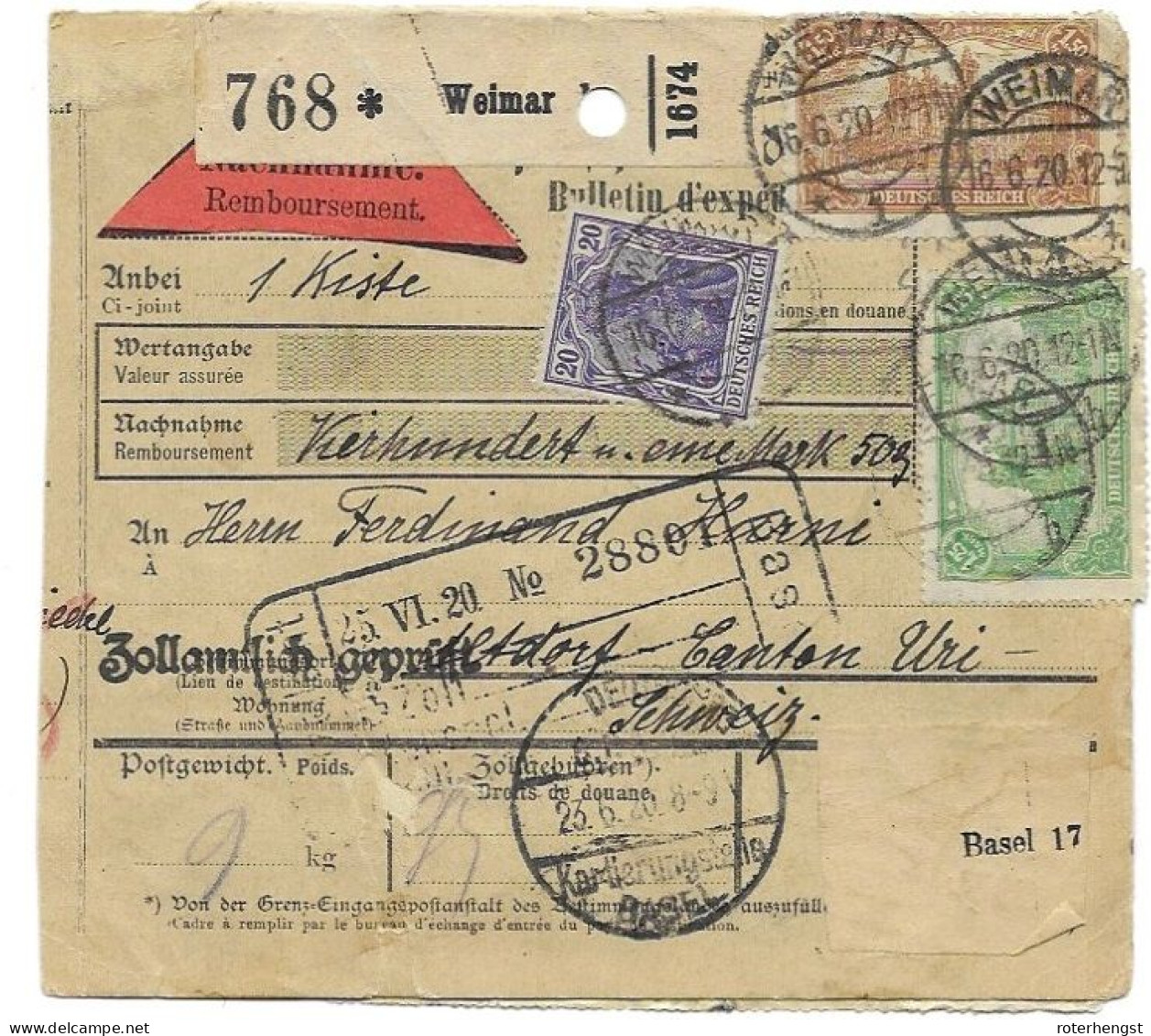 Germany Inflation Paketkarte Weimar Nach Altorf Schweiz  16.8.1920 (some Stamps Damaged) - Storia Postale