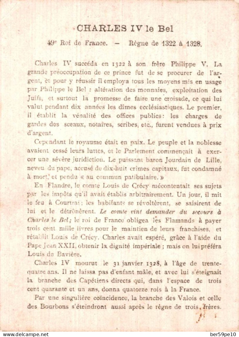 CHROMO LES ROIS DE FRANCE 49è ROI DE FRANCE CHARLES VII DIT LE BEL REGNE DE 1322 A 1328 - Other & Unclassified