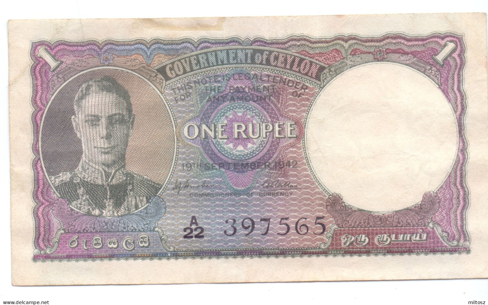 Ceylon 1 Rupee 1942 - Sri Lanka