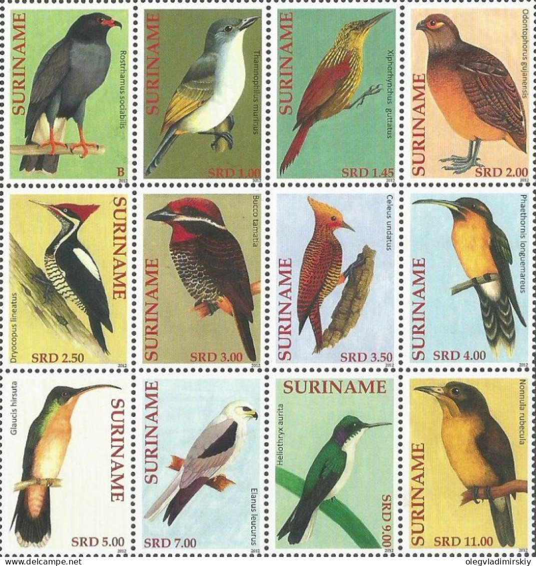 Suriname Surinam 2012 Tropical Forest Birds Set Of 12 Stamps In Block 3x4 MNH - Sperlingsvögel & Singvögel