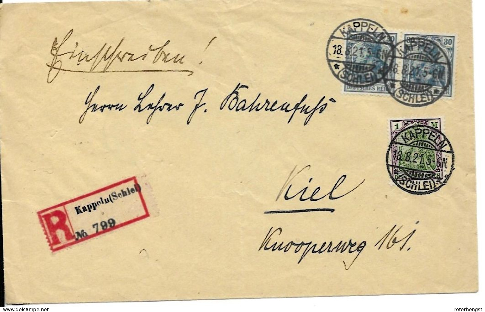 Germany Inflation R-letter Kappeln 18.8.1921 - Briefe U. Dokumente