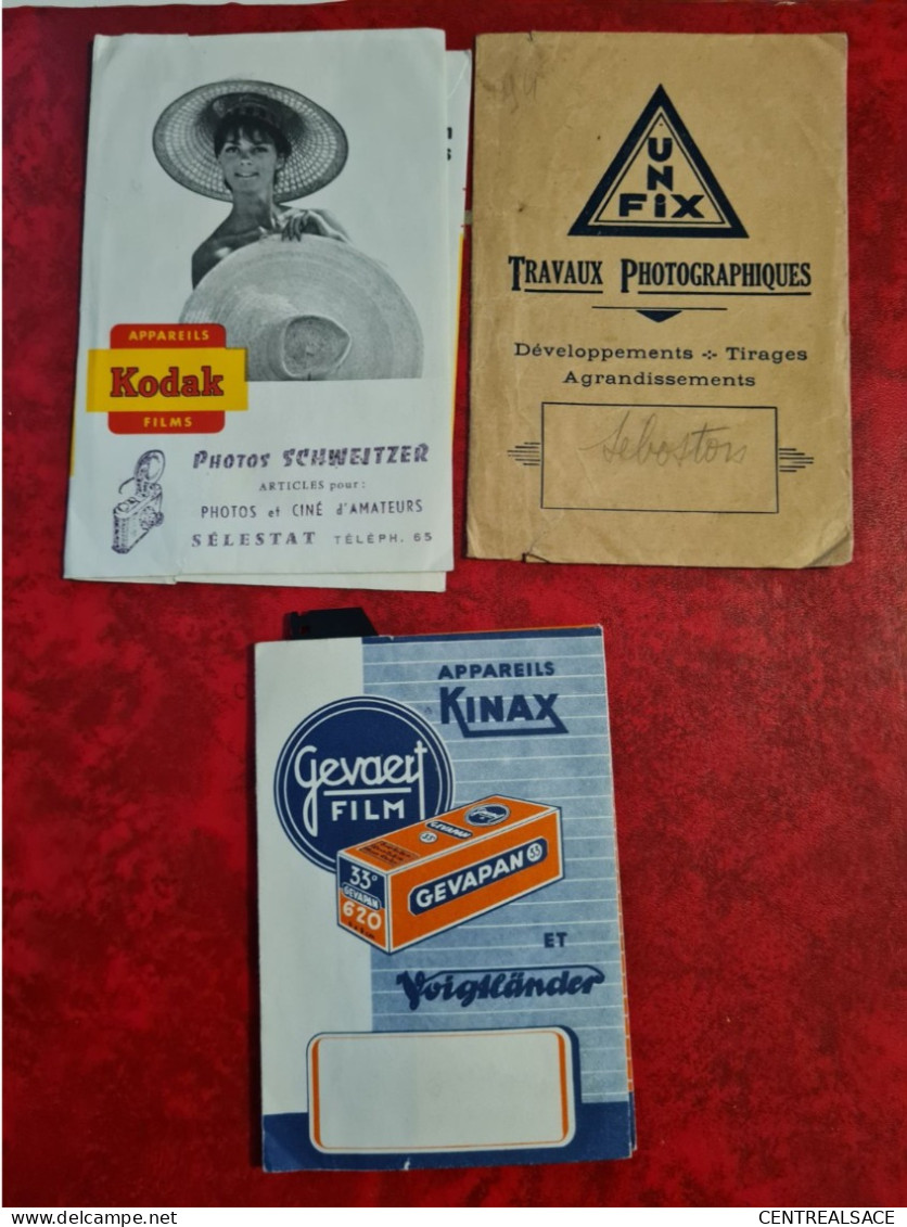 PHOTO  LOT POCHETTE KINAX GEVAERT FILM UNIFIX KODACK SCHWEITZER SELESTAT DROGUERIE CENTRALE SELESTAT GEVAPAN - Non Classificati