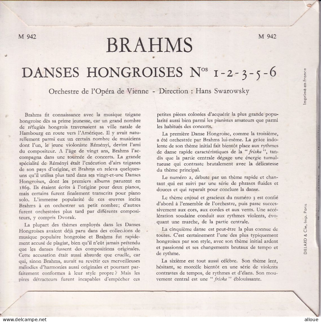 ORCHESTRE DE L'OPERA DE VIENNE - DIRECTION HANS SWAROWSKY - FR EP - BRAHMS - DANCES HONGROISES - Clásica