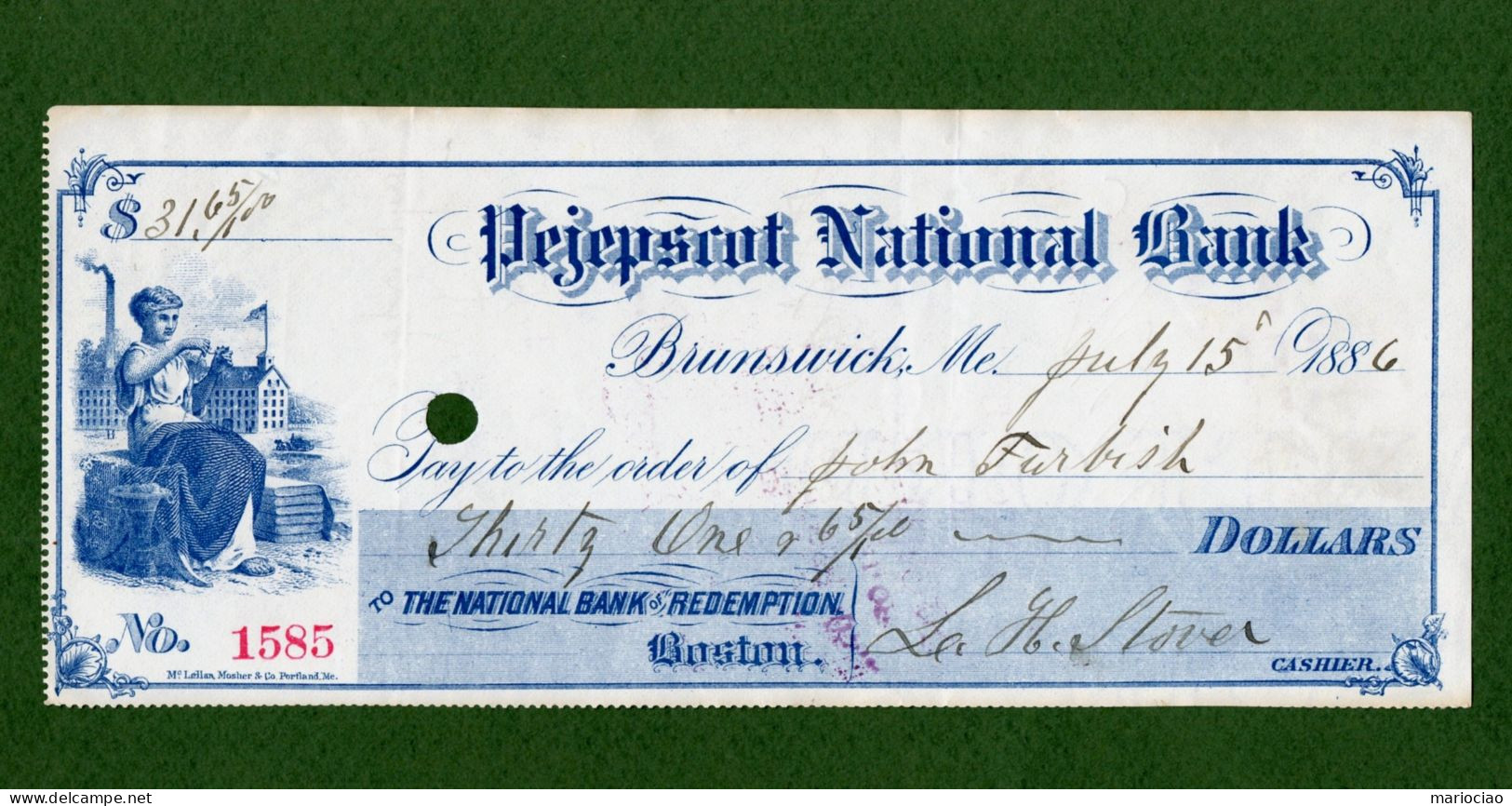 USA Check Pejepscot National Bank BRUNSWICK Maine 1886 - Otros & Sin Clasificación