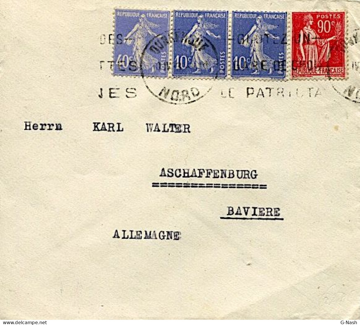 De Dunkerque Vers Aschaffenburg (Bavière) - 10 Avril 1933 - Affranchissement Mixte Semeuse Camée / Paix - 1906-38 Sower - Cameo