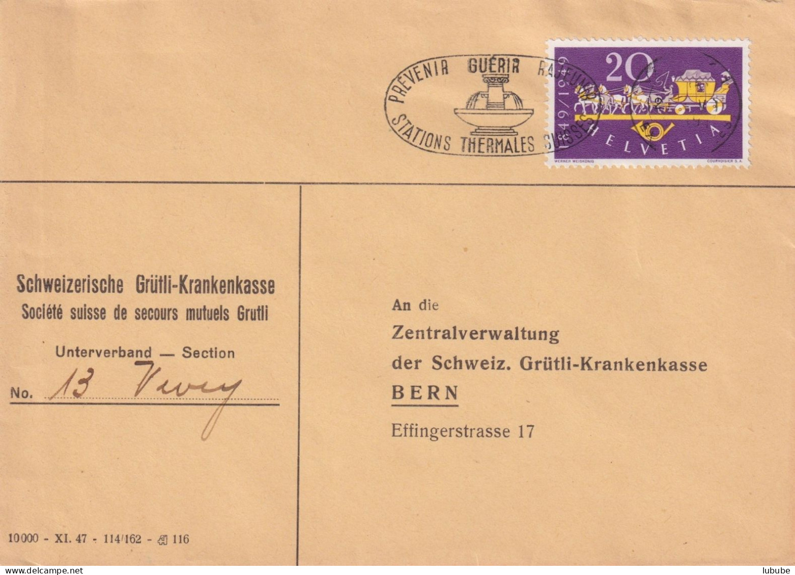 Motiv Brief  "Schweiz. Grütli Krankenkasse, Vevey"       1949 - Storia Postale