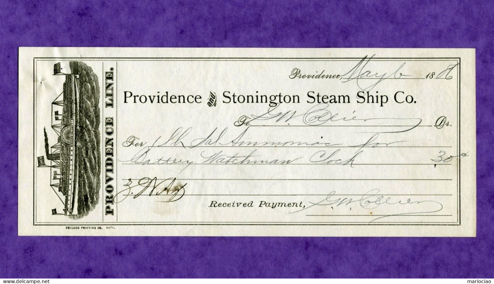 USA Check Providence And Stonington Steam Ship 1886 Co. 1886 EXTREMELY RARE - Otros & Sin Clasificación