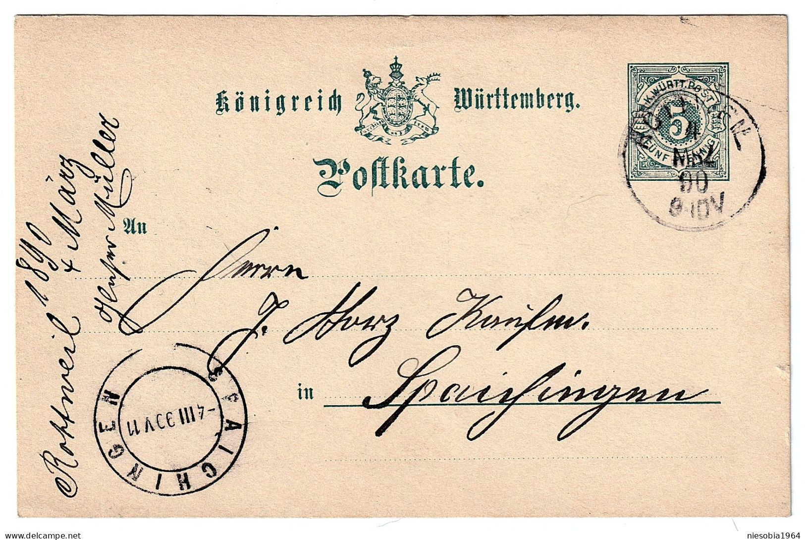 Belle-Époque 5 Fünf Pfennig Postcard Stamp K.Württ Post. 04./03.1890 Rottweil Zu Spaichingen Kingdom Of Württemberg - Interi Postali