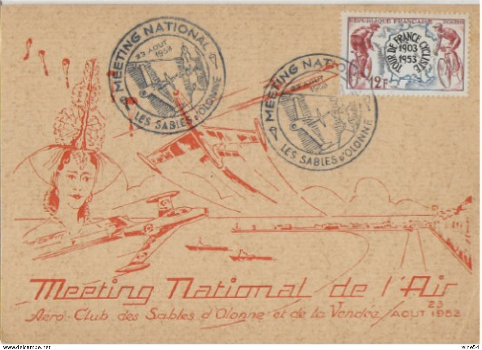 Carte MEETING NATIONALE DE De L'AIR 23 Août 1958 Les Sables D'Olonne (85) YT N°955 Aéroclub De La Vendée - 1950-1959