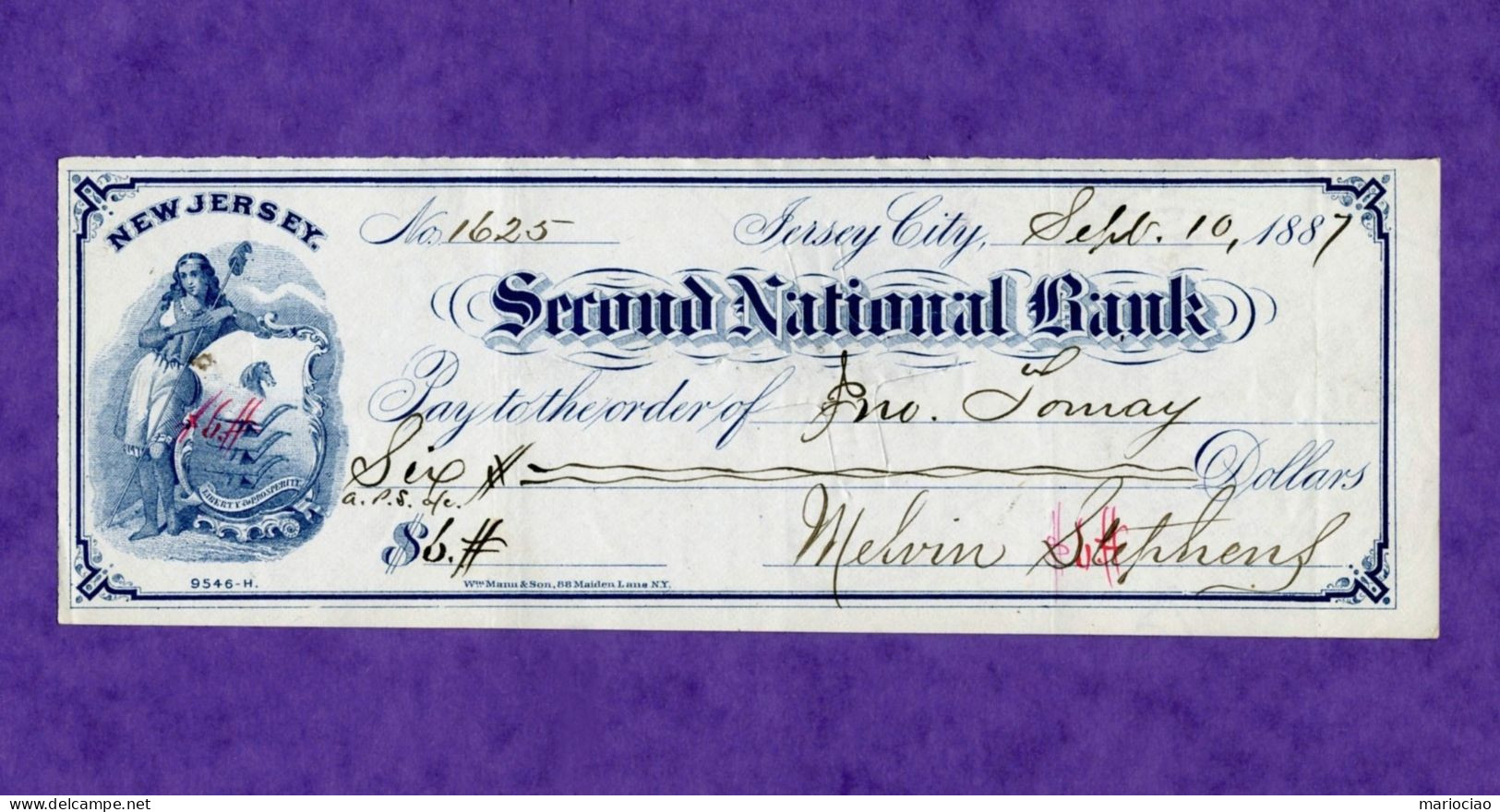 USA Check Second National Bank Jersey City 1886 New Jersey - Altri & Non Classificati