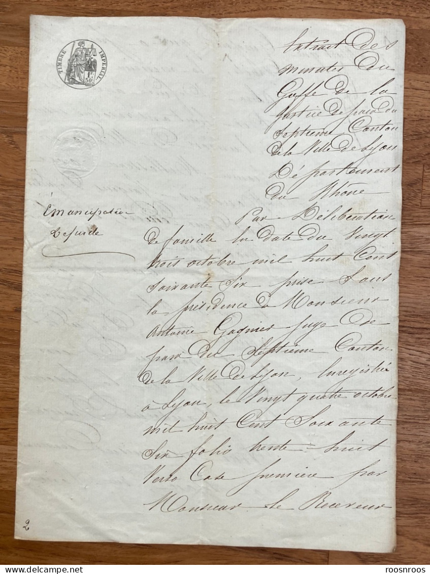 PAPIER TIMBRE 1867 -  JUSTICE DE PAIX DE LYON - EXTRAIT DES MINUTES - EMANCIPATION D'UNE MINEURE - Briefe U. Dokumente