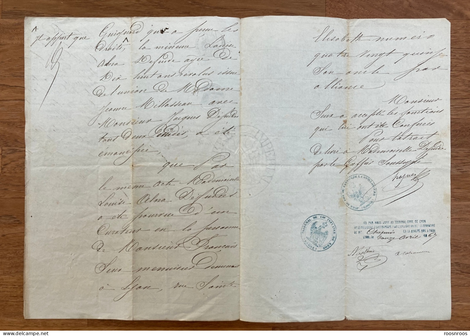 PAPIER TIMBRE 1867 -  JUSTICE DE PAIX DE LYON - EXTRAIT DES MINUTES - EMANCIPATION D'UNE MINEURE - Brieven En Documenten