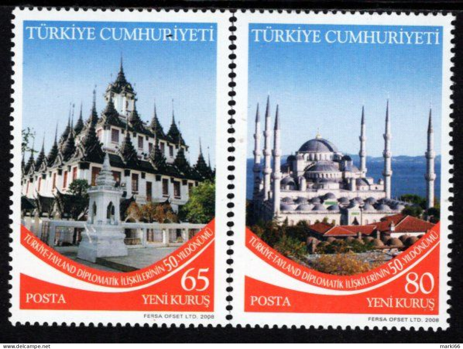Turkey - 2008 - Temples And Mosques - Joint Issue With Thailand - Mint Stamp Set - Neufs