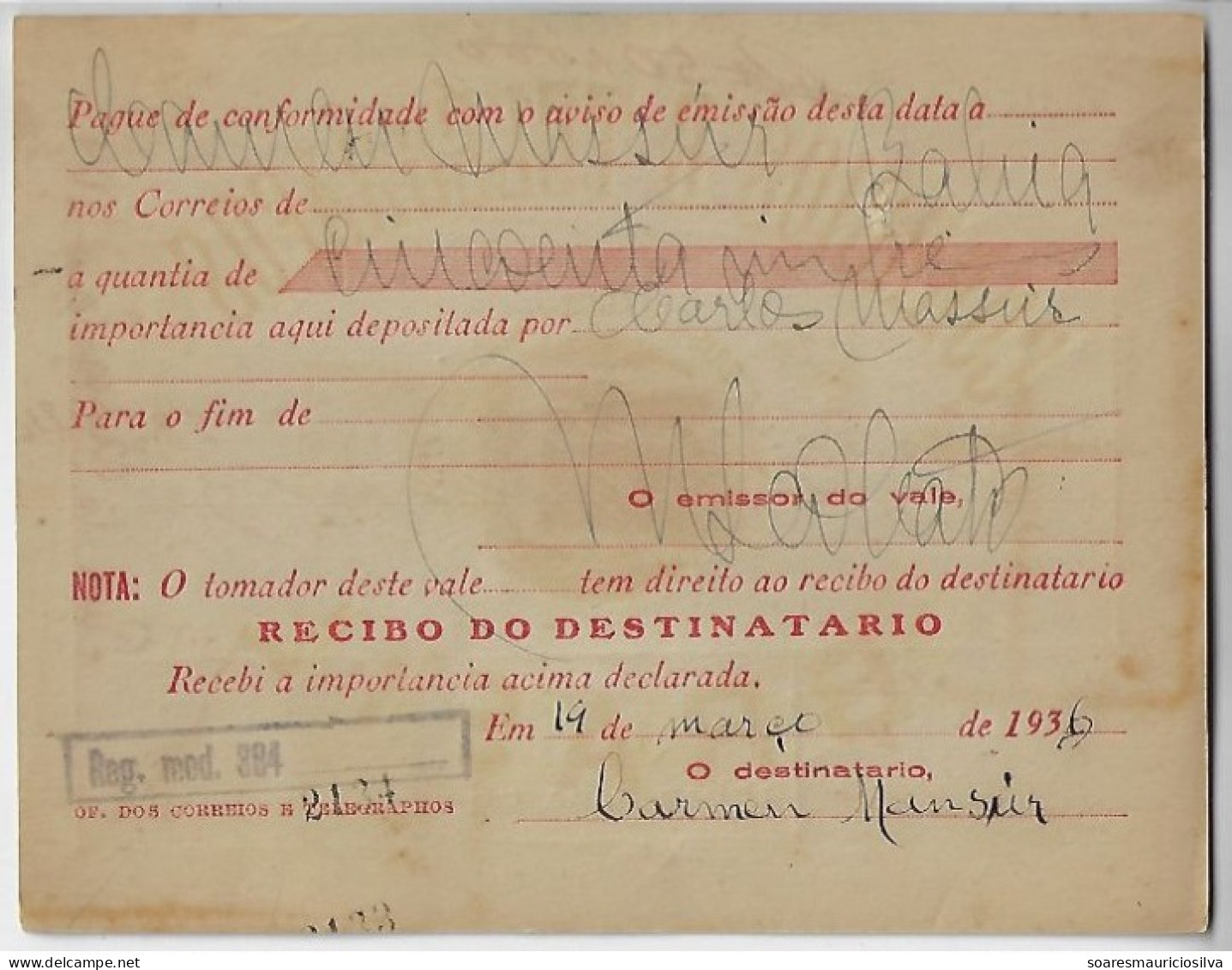 Brazil 1936 Money Order By Air Mail From Rio De Janeiro To Bahia Vale Postal Stamp 50,000 Reis + Definitive 1000 Réis - Briefe U. Dokumente