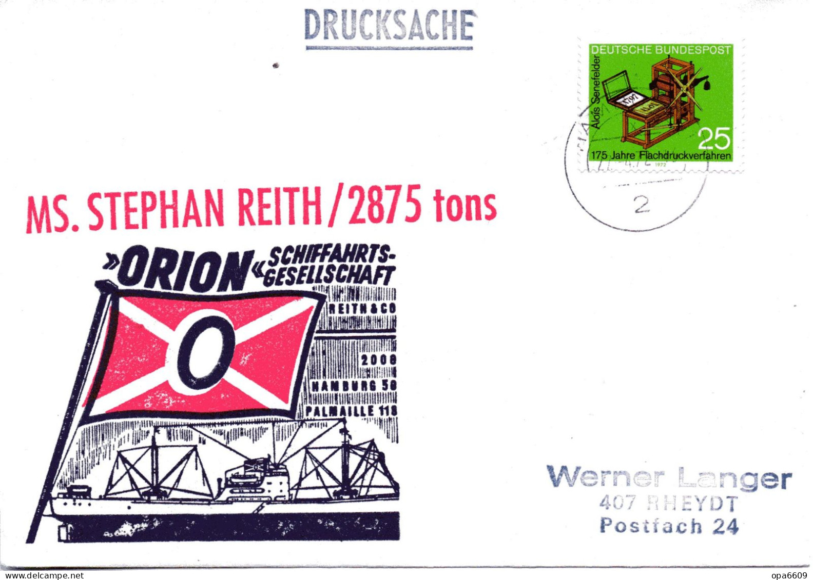 (L 6) Cachetumschl."SCHIFFAHRTS-GESELLSCHAFT ORION - MS. STEPHAN REITH/ 2875 Tons - EF BRD  TST 27.4.72 HAMBURG - Maritime
