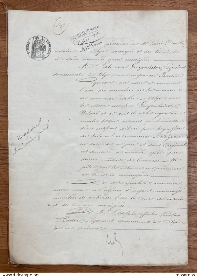 PAPIER TIMBRE 1858 -  ALGERIE - REMBOURSEMENT D'UNE RENTE - GRAVIER GUGENHEIM - Lettres & Documents