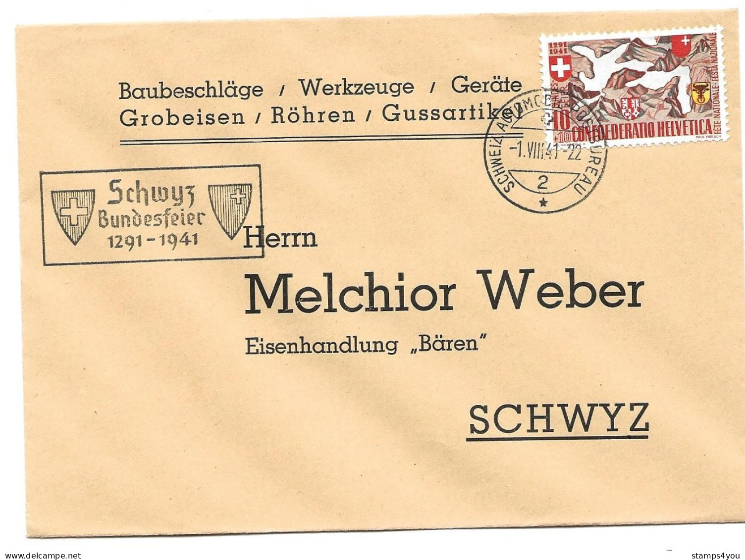 125 - 62 - Enveloppe Avec Oblit Spéciale "Schwyz Bundesfeier 1941" - Poststempel