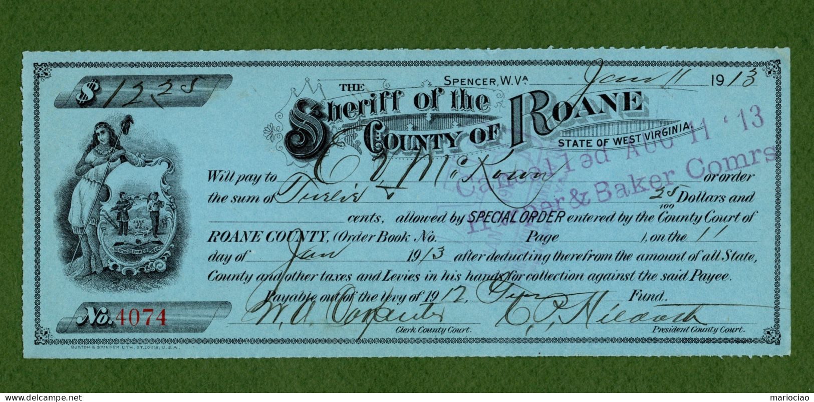 USA Check Sheriff Of The COUNTY OF ROANE Spencer, WV 1913 - VERY RARE !  N.4074 - Altri & Non Classificati