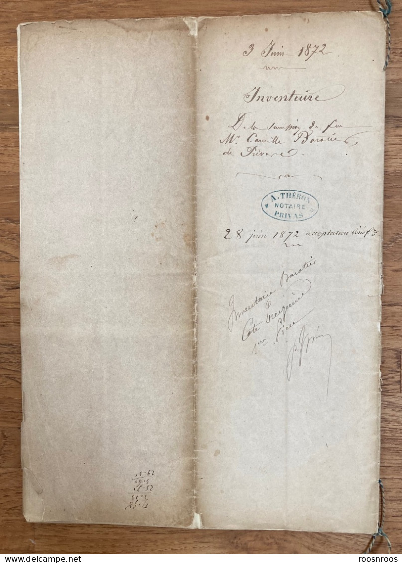 PAPIER TIMBRE 1872 -  AVEC CONTRE-MARQUE - INVENTAIRE BARATIER - PRIVAS ARDECHE - Lettres & Documents