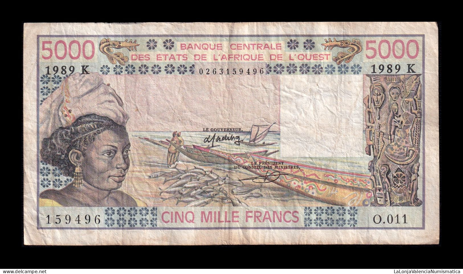 West African St. Senegal 5000 Francs 1989 Pick 708Kd Bc/Mbc F/Vf - Stati Dell'Africa Occidentale