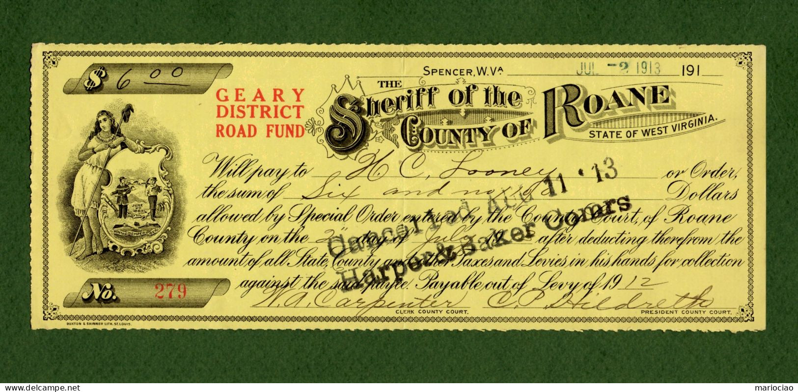 USA Check Sheriff Of The COUNTY OF ROANE Spencer, WV 1913 - VERY RARE ! N.279 - Altri & Non Classificati