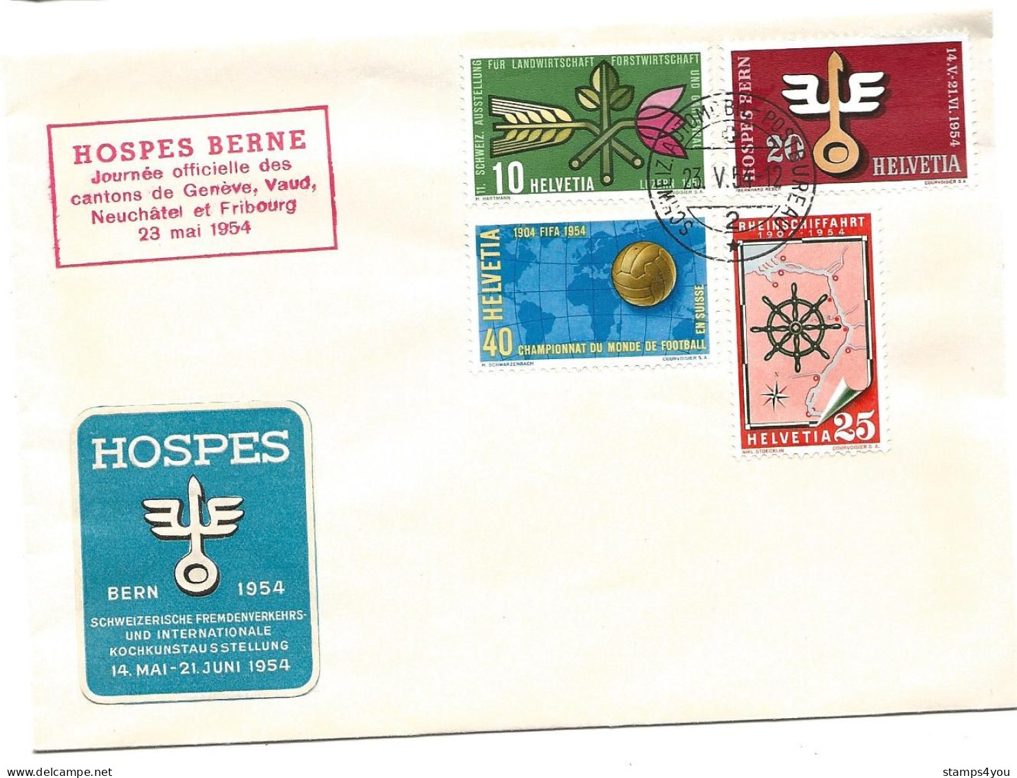 125 - 80 - Enveloppe Avec Oblit Spéciale "Hospes Berne Journée Officielle Cantons GE, VD, NE, FR 1954" - Storia Postale