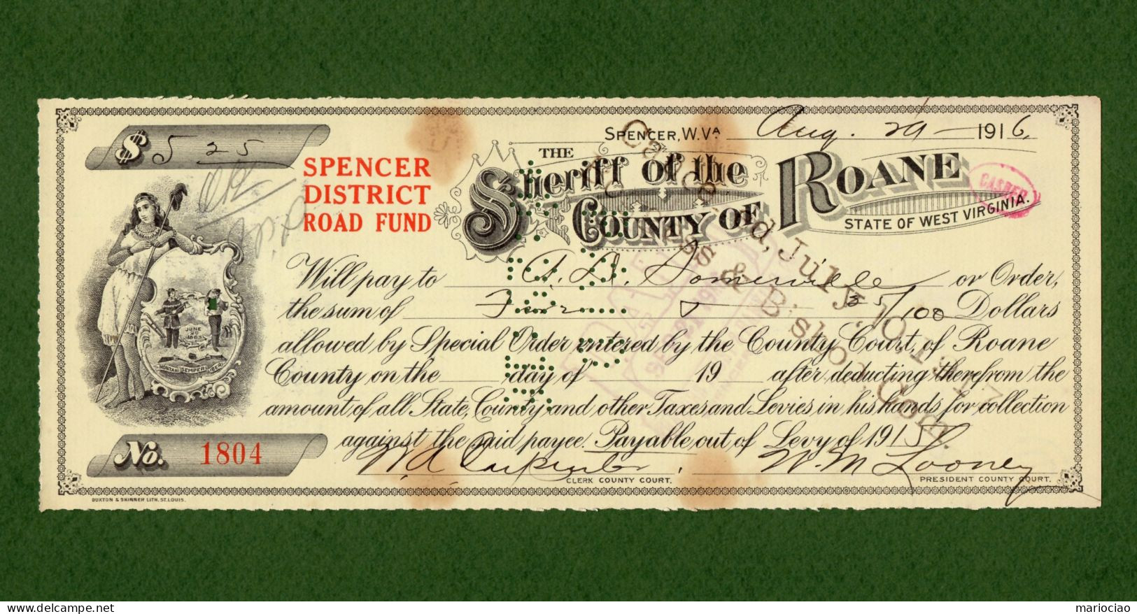 USA Check Sheriff Of The COUNTY OF ROANE Spencer, WV 1916 - VERY RARE ! N.1804 - Altri & Non Classificati