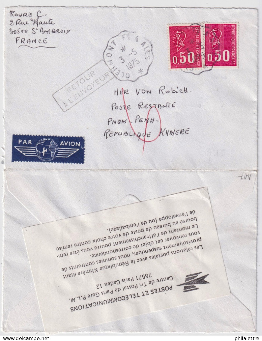 FRANCE / CAMBODGE (Rép. KHMÈRE) - 1975 - étiquette Des PTT De Retour Par Suite De L'interruption Des Relations Postales - Kambodscha