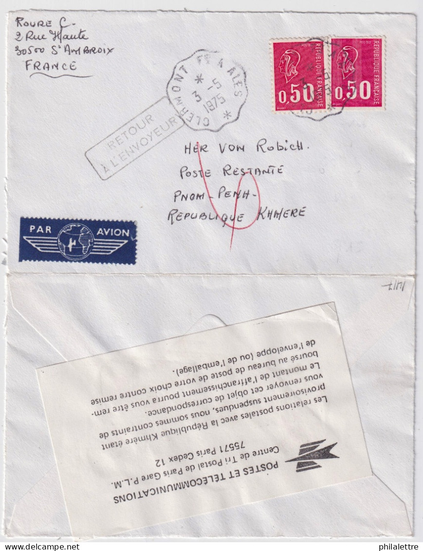 FRANCE / CAMBODGE (Rép. KHMÈRE) - 1975 - étiquette Des PTT De Retour Par Suite De L'interruption Des Relations Postales - Cambodia