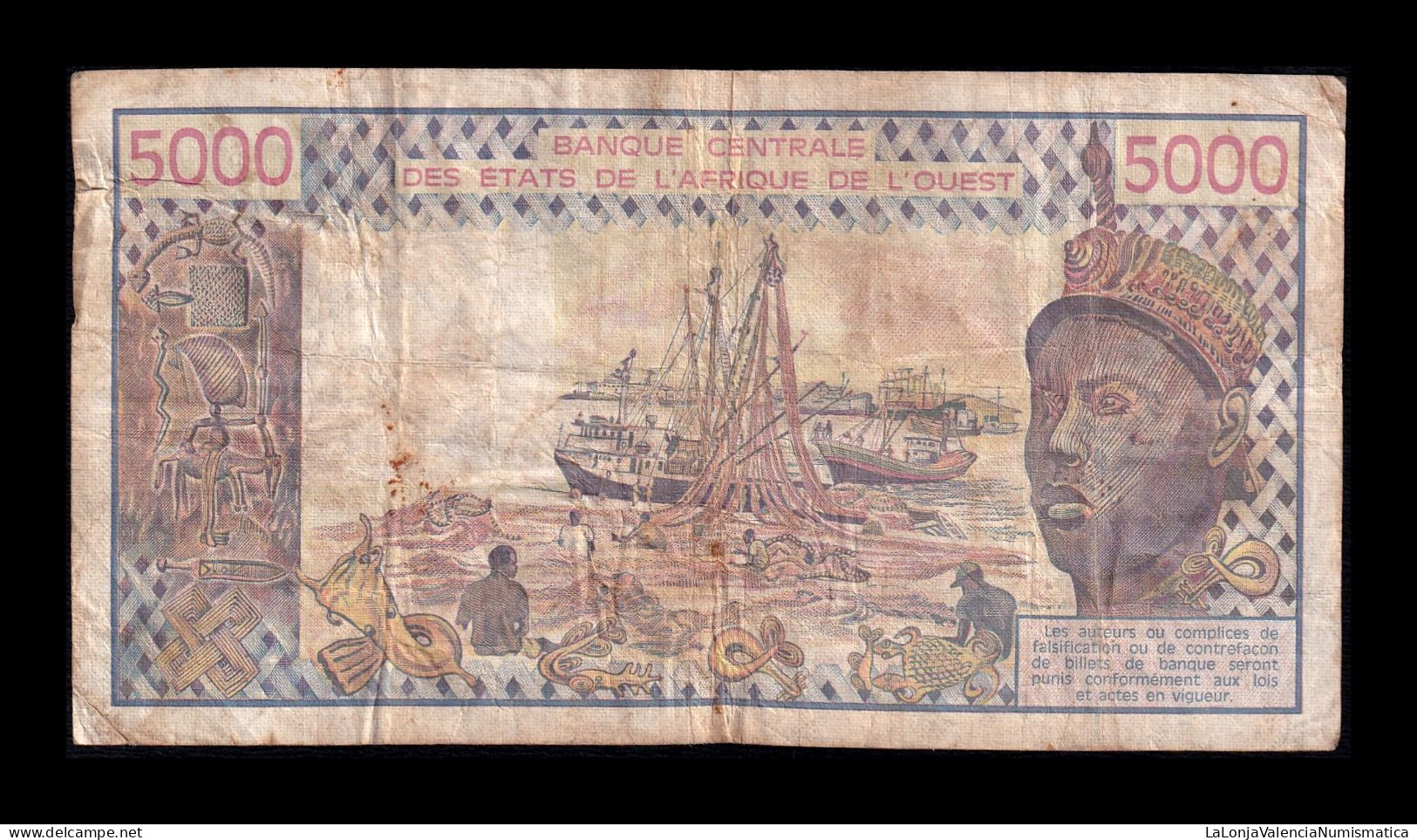 West African St. Senegal 5000 Francs 1977 Pick 708Kd Bc/Mbc F/Vf - West-Afrikaanse Staten