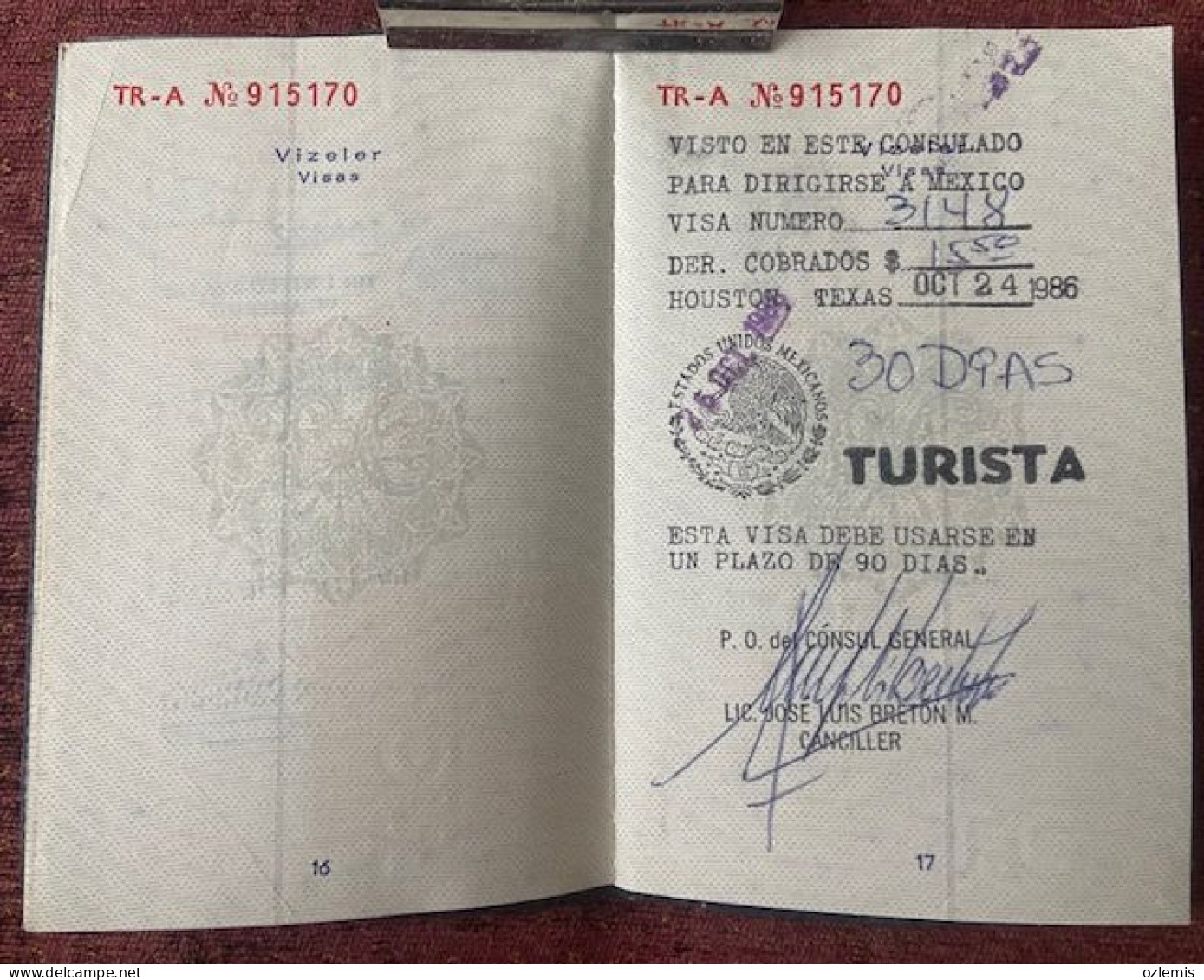 PASSPORT  PASSEPORT  ,1986,USED ,UNITED STATES AMERICA ,MEXICO,,VISA ,FISCAL - Collections
