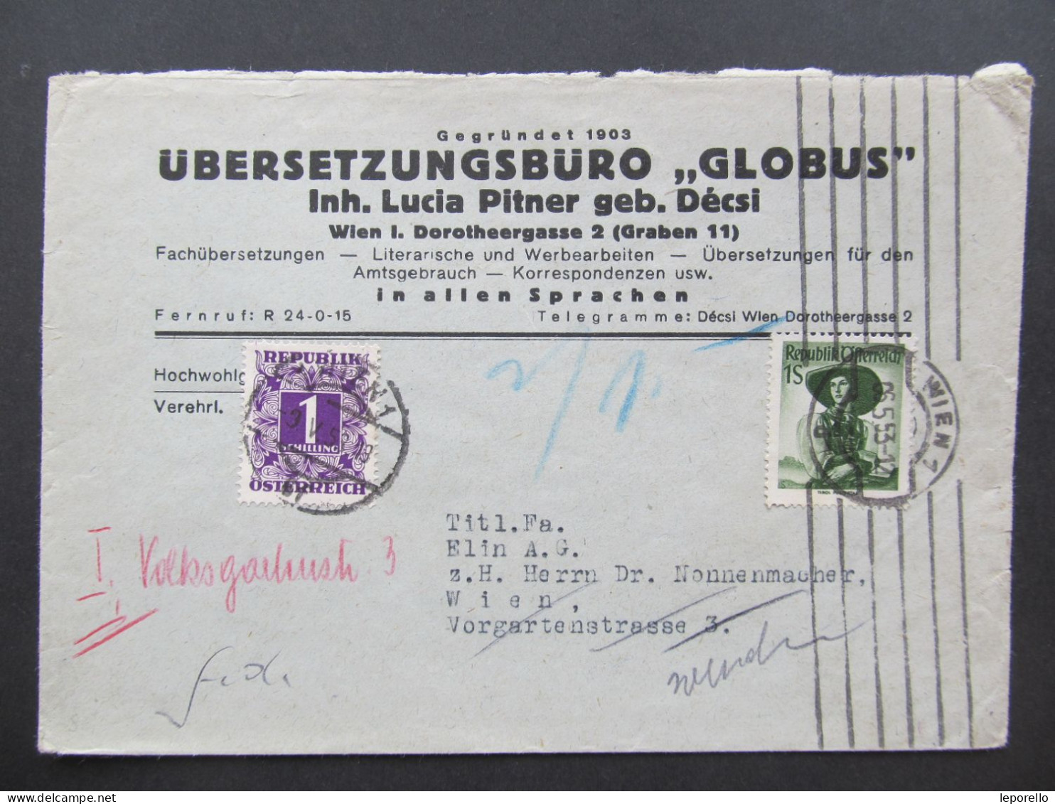BRIEF Wien Strafporto Posrtomarken Irrläufer Unbekannt 1953  // D*59489 - Covers & Documents