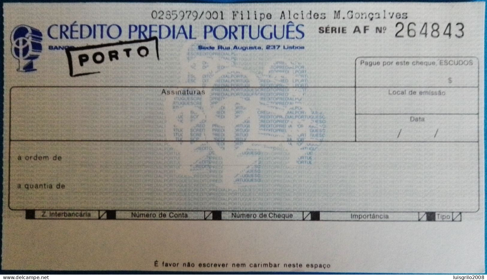 Portugal, Cheque - Crédito Predial Português. Porto (Carimbo A Preto) - Cheques En Traveller's Cheques