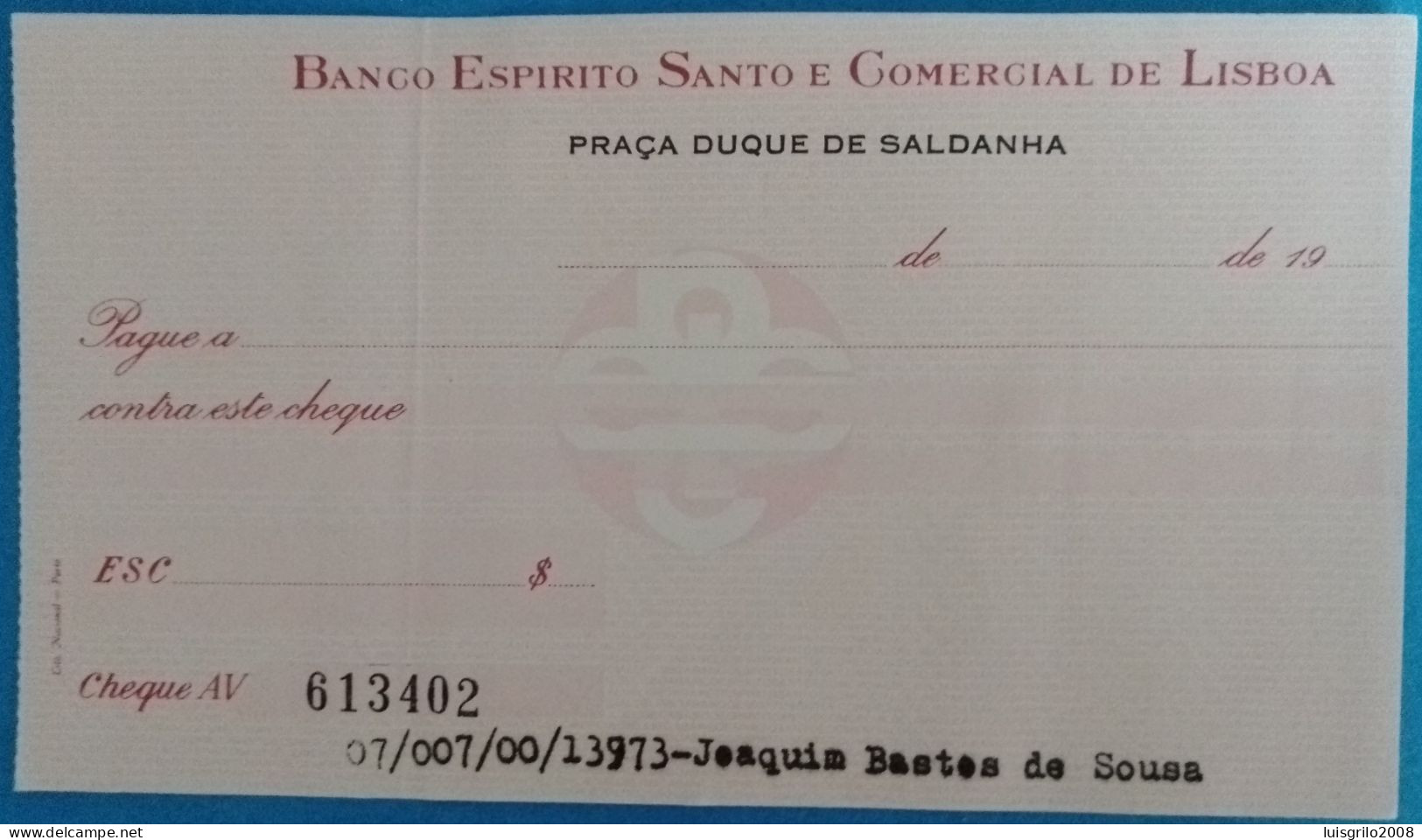 Portugal, Cheque - Banco Espirito Santo E Comercial De Lisboa. Praça Duque De Saldanha, Lisboa - Cheques & Traverler's Cheques