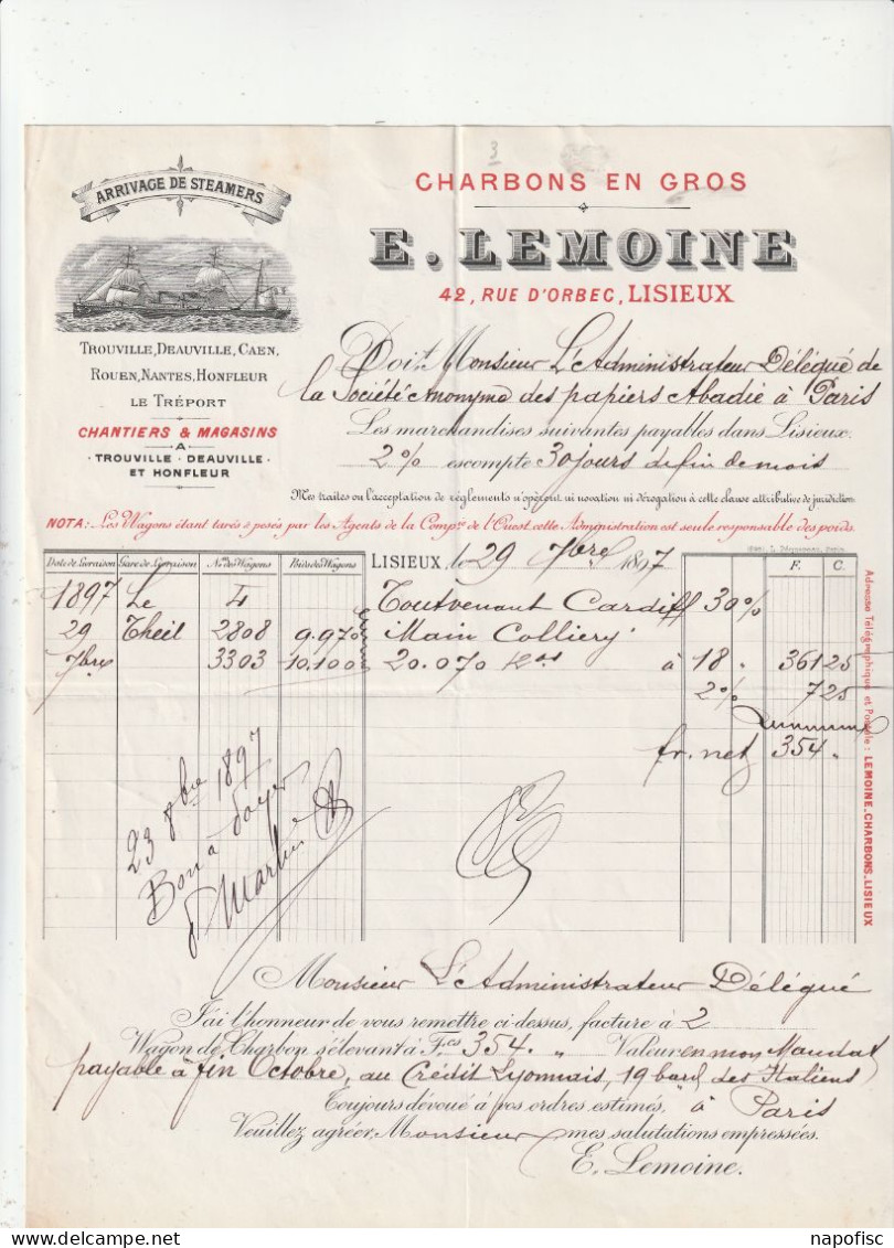 14-E.Lemoine..Charbons En Gros, Arrivage De Steamers....Lisieux....(Calvados)....1897 - Other & Unclassified