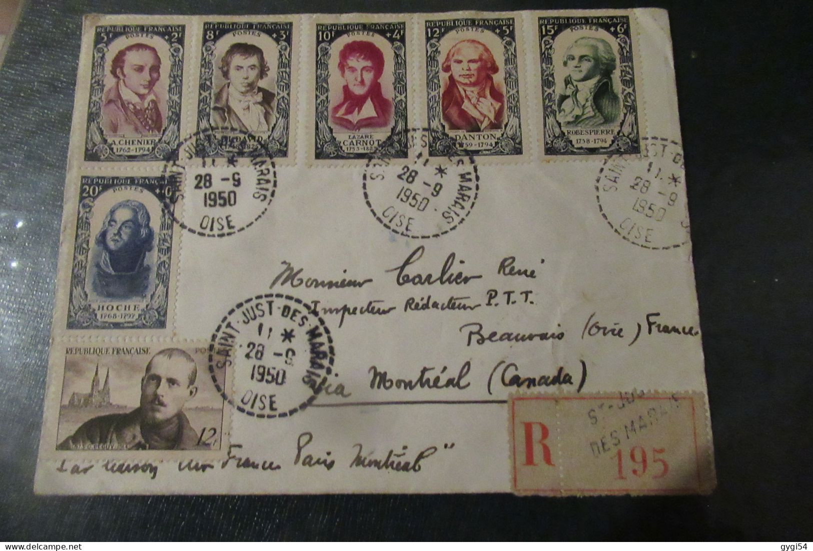 1ère LIAISON AERIENNE FRANCE CANADA  LETTRE RECOMMANDEE  28 09 1950  BEAUVAIS MONTREAL - Primi Voli